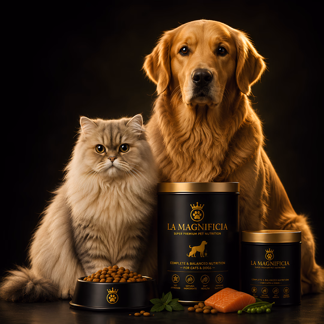 Golden retriever, Persian cat and La Magnificia nutrition canisters